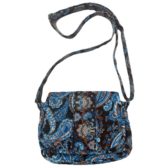 Stephanie Dawn Handbags - Stephanie Dawn Crossbody Hipster Bag Mocha Paisley Quilted Cotton Blue USA Made.